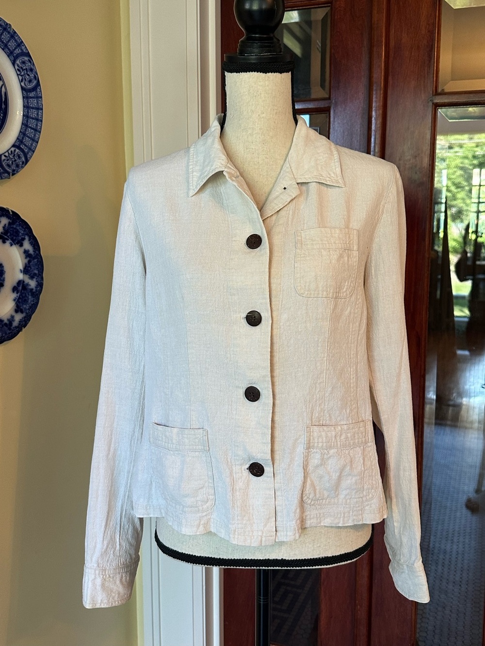 JM Collection | Cream 100% Linen Button-Front Jacket, Size 12